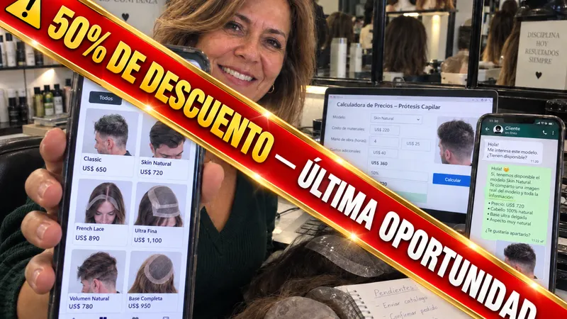 Franja de 50% de descuento sobre catálogo de prótesis capilares en el celular, calculadora de precios en la laptop y conversación de venta por WhatsApp